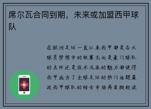 席尔瓦合同到期，未来或加盟西甲球队