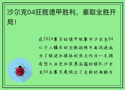 沙尔克04狂揽德甲胜利，豪取全胜开局！